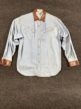 Vintage Clementine Shirt Mens L Blue Denim Long Sleeve Western Snap Leather Trim